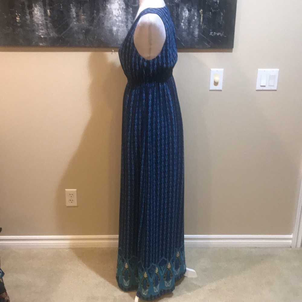 Mossimo Navy Blue/Turquoise/Gold Sleeveless V-Neck Elastic Waist Maxi Dress-M - Picture 2 of 13